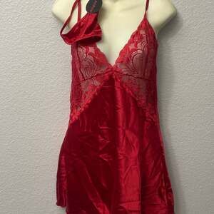 Avidlove Red Satin and Lace Chemise Lingerie Set with Matching Thong Size L
